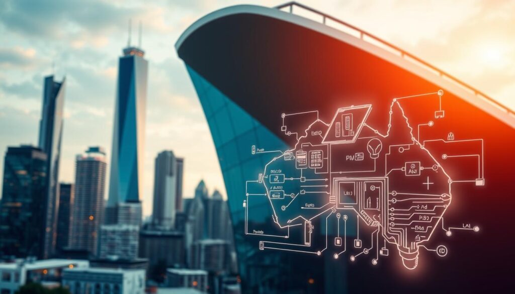 A high-tech cityscape in Australia, with skyscrapers and modern architecture in the background. In the foreground, a detailed schematic diagram of IPTV technology, showcasing the various components and connections. The diagram is illuminated by warm, diffused lighting, highlighting the intricate details. The overall scene conveys a sense of innovation and technological advancement, reflecting the state-of-the-art IPTV services available in Australia.