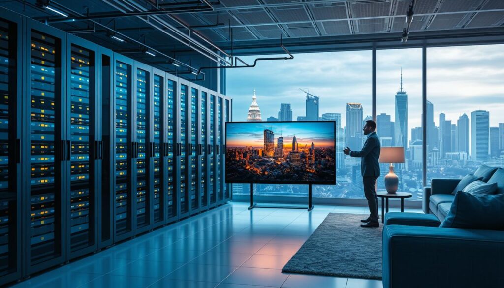 A modern, high-tech data center with rows of servers and blinking lights, representing the infrastructure that powers IPTV services in Australia. In the foreground, a person interacting with a smart TV, demonstrating how IPTV technology connects to homes. The background features cityscapes and landmarks of major Australian cities, symbolizing the nationwide reach of IPTV. The lighting is a combination of cool, blue tones for the data center and warm, ambient lighting for the living room scene, creating a balanced, professional atmosphere. The overall composition conveys the seamless integration of IPTV technology into the Australian landscape.