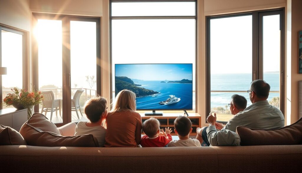 A serene Australian living room, bathed in warm, natural light streaming through large windows. In the foreground, a family gathers around a sleek, modern television, transfixed by the crisp, high-definition IPTV display. The scene conveys a sense of comfort and connection, as they enjoy the convenience and quality of their IPTV service. The middle ground features stylish, minimalist furnishings, while the background showcases a stunning coastal landscape, hinting at the diverse entertainment options available through the IPTV platform.