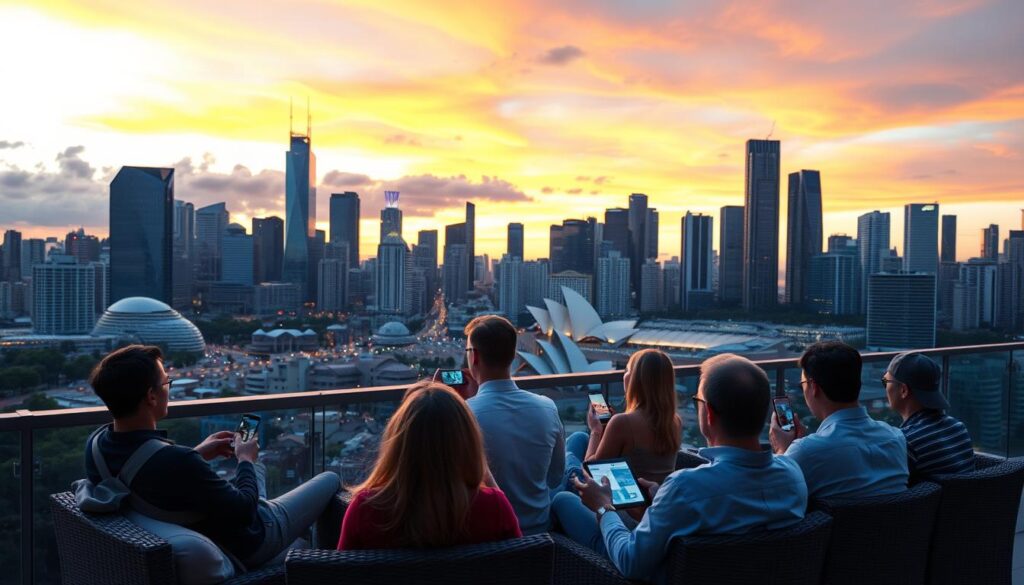 A vibrant cityscape of Sydney, Australia, at dusk. In the foreground, a group of people relaxing on a balcony, their eyes glued to their smartphones and tablets, streaming content. The middle ground features skyscrapers and landmarks, reflecting the city's modern and dynamic character. In the background, the sky is ablaze with warm hues, creating a cozy, inviting atmosphere. The scene conveys a sense of technology, convenience, and the growing popularity of IPTV services among Australian viewers, who are embracing the flexibility and accessibility of on-demand streaming.